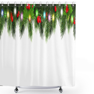 Personality  Horizontal Christmas Border Frame With Fir Branches, Pine Cones, Berries And Lights. Vector Illustration. Shower Curtains