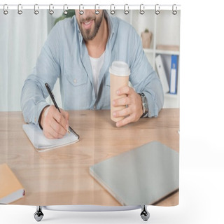 Personality  Man Writing In Notebook Shower Curtains