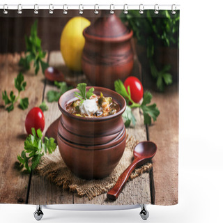 Personality  Soup With Meat And Sausages With Vegetables And Olives  Shower Curtains