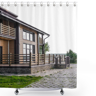 Personality  Beautiful Arbor Or House, Bungalow In A Wooden Old-fashioned Retro Style And Vintage In The Park In The Fresh Air. Shower Curtains