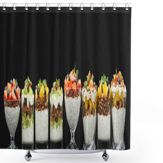 Personality  Fresh Granola With Fresh Fruits And Berries Isolated On Black, Panoramic Shot Shower Curtains