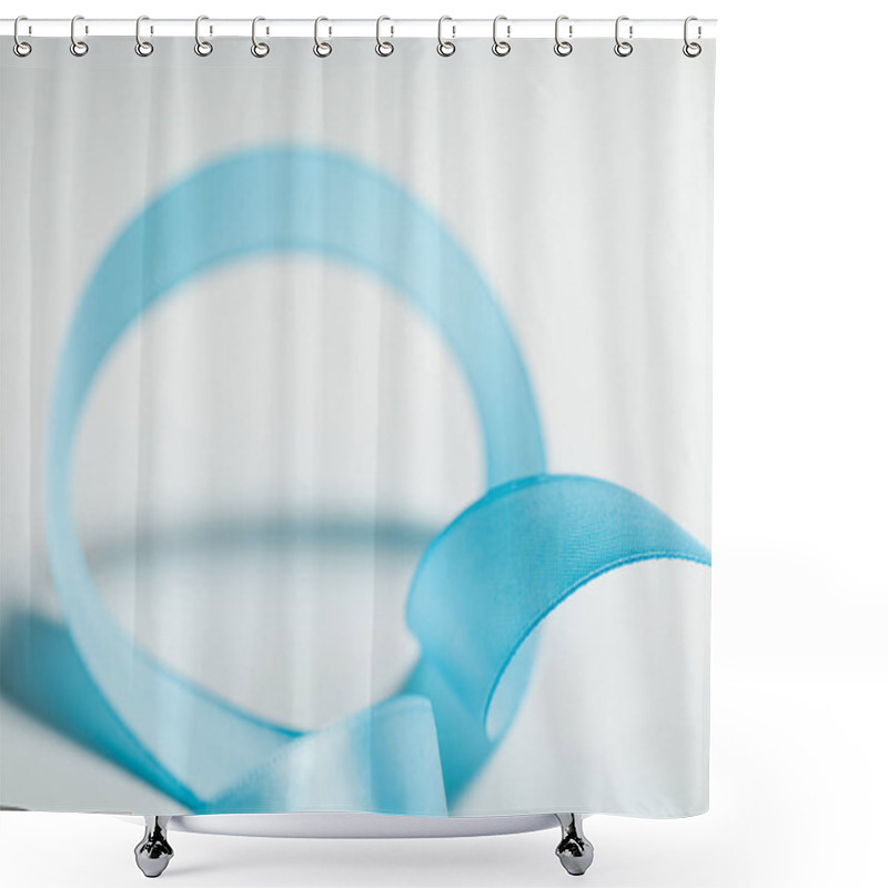 Personality  close up of curved blue satin ribbon on grey background shower curtains