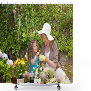 Personality  Happy Grandmother With Her Granddaughter Working In The Garden Shower Curtains
