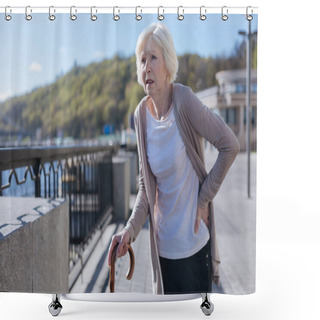 Personality  Retired Woman Having Lower Back Pain During The Promenade Shower Curtains