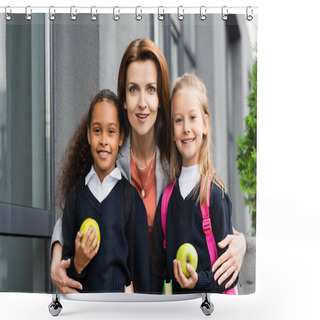 Personality  Happy Mother Hugging Cheerful Multicultural Daughters And Smiling At Camera While Standing Near School  Shower Curtains