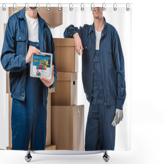 Personality  Cropped View Of Two Movers With Cardboard Boxes Presenting Digital Tablet With Amazon App On Screen Isolated On White Shower Curtains
