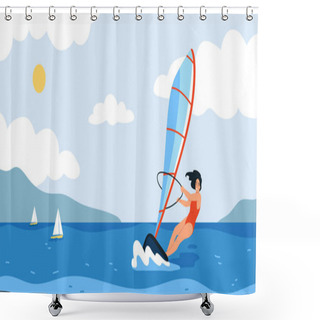 Personality  Flat Water Sport Concept With Happy Woman Windsurfing Vector Illustration Shower Curtains