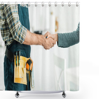 Personality  Cropped Image Of Plumber And Client Shaking Hands In Kitchen Shower Curtains