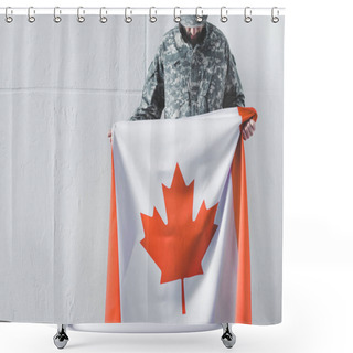 Personality  Man In Military Uniform Holding Canada National Flag While Standing Near White Wall With Bowed Head Shower Curtains