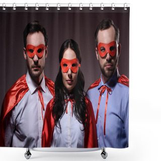 Personality  Super Businesspeople In Costumes Looking At Camera Isolated On Grey Shower Curtains