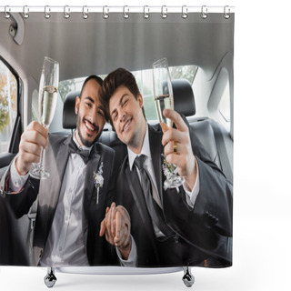 Personality  Smiling Young Gay Newlyweds In Formal Wear Holding Hands And Champagne While Looking At Camera During Road Trip While Sitting On Backseat Of Car  Shower Curtains