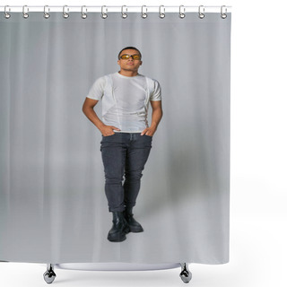 Personality  Trendy African American Man In Sunglasses, T-shirt, Jeans Looking At Camera On Grey Shower Curtains