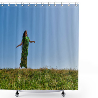 Personality  Vibrant Summer, Joyful Indian Woman In Ethnic Clothes Running In Green Field Under Blue Sky Shower Curtains