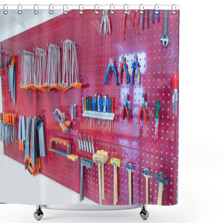 Personality  Various Tools Hanging At Wall In High School Shower Curtains