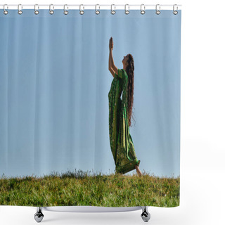 Personality  Summer Joy, Indian Woman In Authentic Clothes, With Praying Hands On Green Lawn Under Blue Sky Shower Curtains