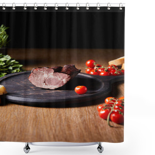 Personality  Selective Focus Of Tasty Ham On Board Near Parsley, Cherry Tomatoes And Baguette On Wooden Table Isolated On Black Shower Curtains
