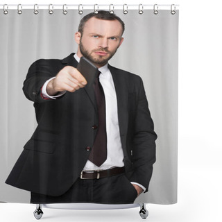 Personality  Young Businessman Holding Out Smartphone Shower Curtains
