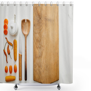 Personality  Top View Of Kitchenware With Cutting Board And Vegetables On Marble Background Shower Curtains