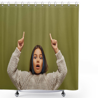 Personality  Shocked Preteen Girl With Colored Hair Wearing Stylish Knitted Sweater While Pointing With Fingers And Looking At Camera Isolated On Green, Fashion-forward Preteen With Sense Of Style Shower Curtains