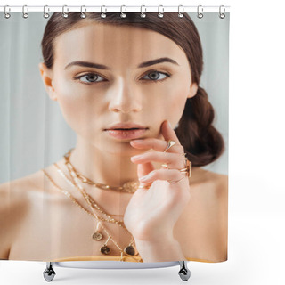 Personality  Young Woman With Shiny Makeup In Golden Necklaces And Rings Looking At Camera Isolated On Grey Shower Curtains