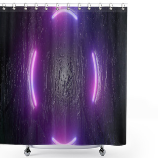 Personality  Illustration Of 3D Rendering. Futuristic Sci-Fi Abstract Red And Blue Neon Light Figures On The Background Of Walls And Reflective Concrete With Empty Space For Text Shower Curtains