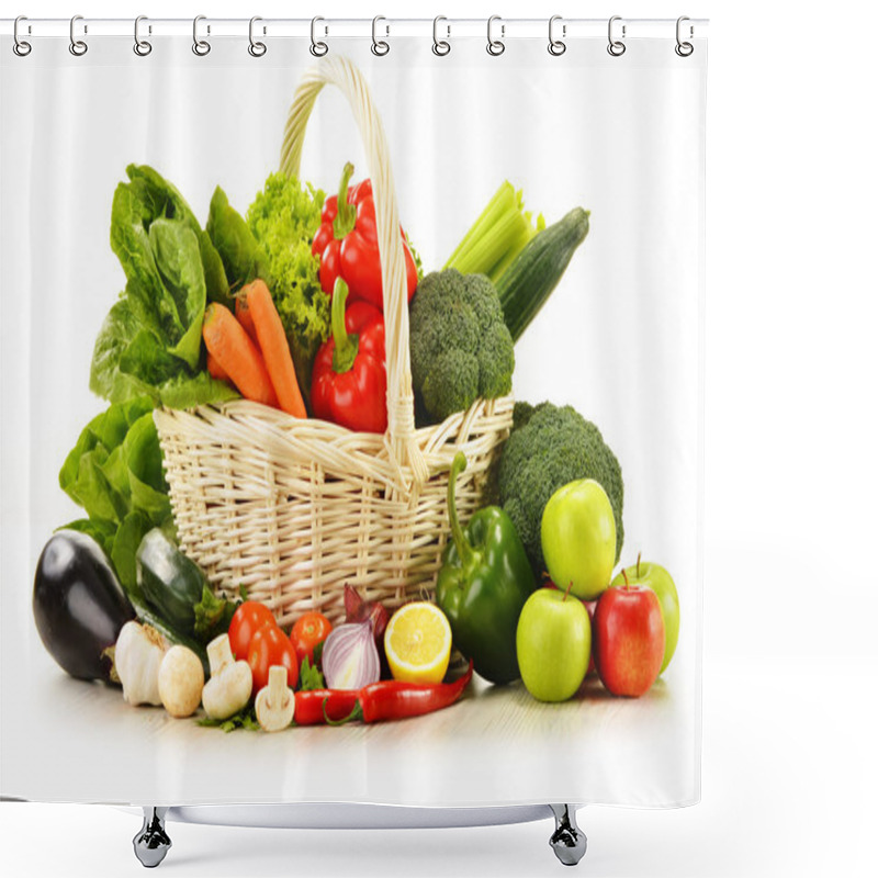 Personality  raw vegetables in wicker basket isolated on white shower curtains