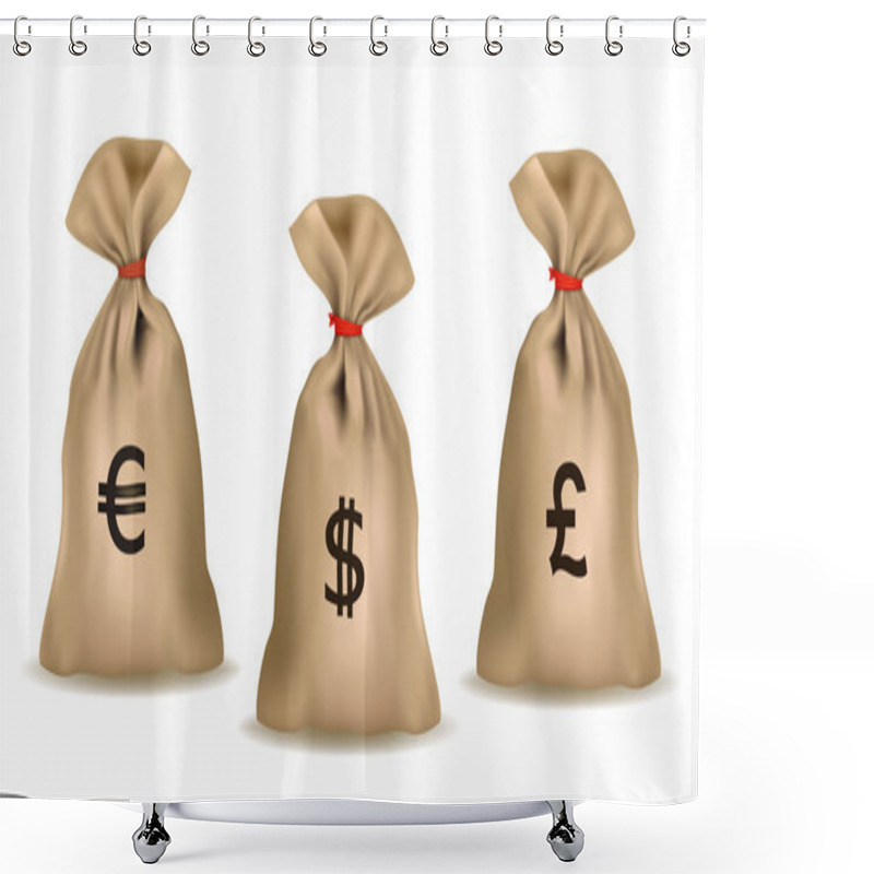 Personality  Money Bags With Dollars, Euro And Pound. Vector. Shower Curtains