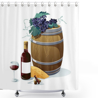 Personality  Grape, Wine Bottle, Wineglass, Barrel, Grapes, Cheese, Vector Illustration. Objects Isolated On White Background. Shower Curtains