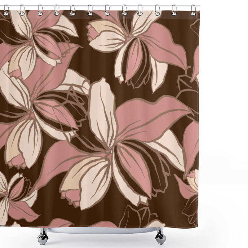 Personality   Decorative Flowers For Design. Ornament Frompink  Flowers And Leaves On A Brown Background. Floral Seamless Pattern. Vector Illustration. Shower Curtains