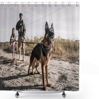 Personality  Selective Focus Of German Shepherd Dog Near Armed Man And Kid, Post Apocalyptic Concept Shower Curtains