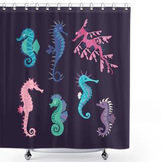 Personality  Set Colorful Seahorses. Pretty Seahorses Different Silhouette On Dark Background. For Festive Card, Logo, Children, Pattern, Tattoo, Decorative, Creative Concept. Cartoon Vector Illustration Shower Curtains