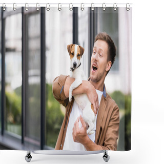 Personality  Excited Man With Open Mouth Holding Jack Russell Terrier Dog On City Street Shower Curtains