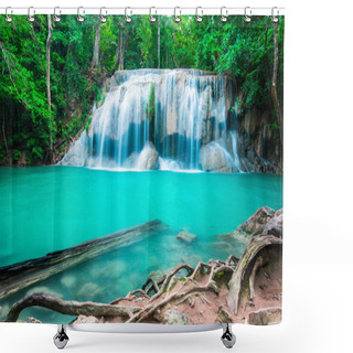 Personality  Waterfall In The Tropical Forest At Erawan National Park Shower Curtains