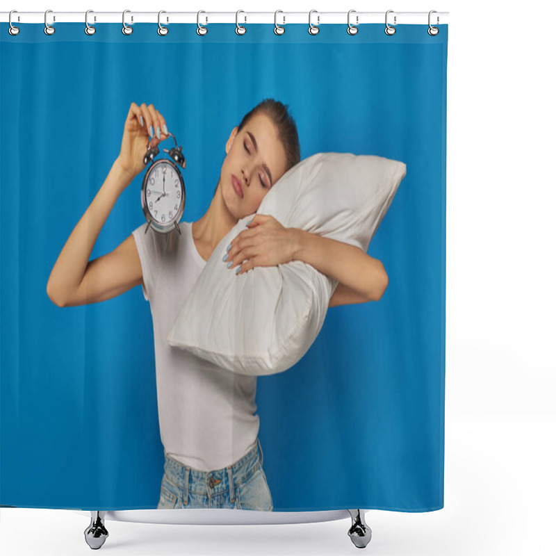 Personality  Displeased Young Woman Holding  Vintage Alarm Clock And Lying On Pillow On Blue Background, Morning Shower Curtains