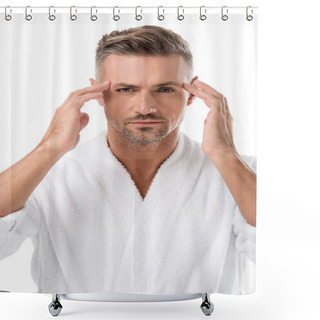 Personality  Upset Man In Bathrobe Worrying About Own Appearance Isolated On White Shower Curtains