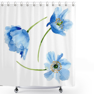 Personality  Beautiful Blue Poppy Flowers Isolated On White. Watercolor Background Illustration. Watercolour Drawing Fashion Aquarelle Isolated Poppy Flowers Illustration Element. Shower Curtains
