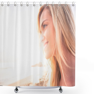 Personality  Close Up Of A Smiling Blond Looking Away At Beach Shower Curtains