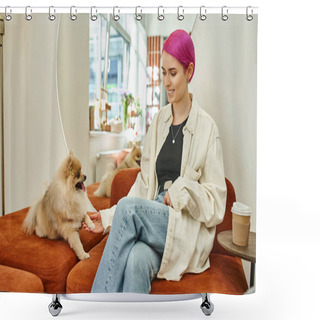 Personality  Cheerful Purple-haired Woman Holding Paw Of Cute Pomeranian Spitz Near Coffee To Go In Pet Hotel Shower Curtains