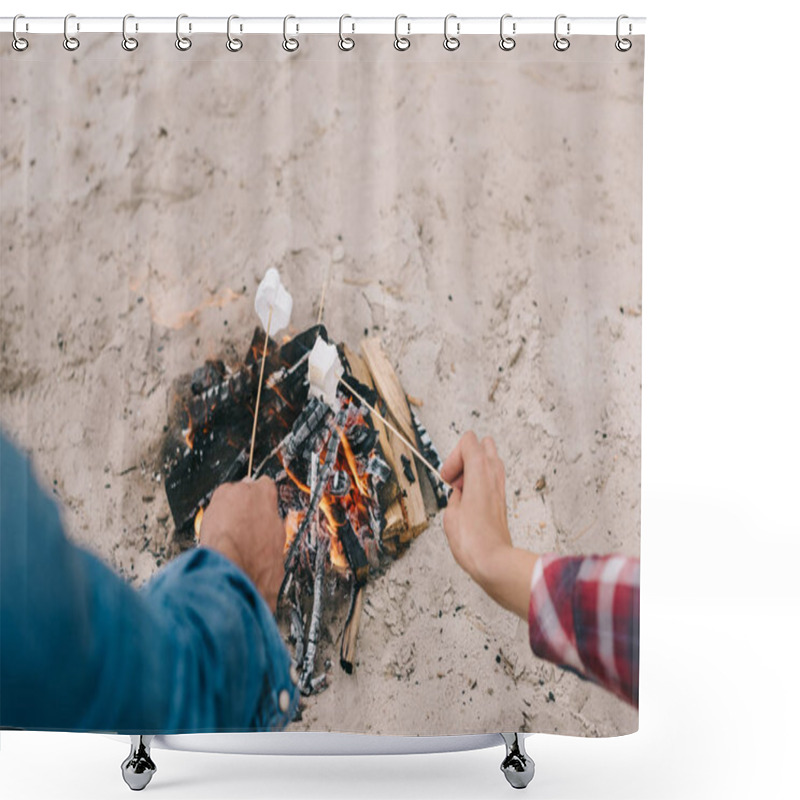 Personality  Cropped Shot Of Couple Roasting Marshmallow On Campfire On Sandy Beach Shower Curtains