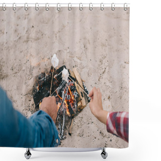 Personality  Cropped Shot Of Couple Roasting Marshmallow On Campfire On Sandy Beach Shower Curtains