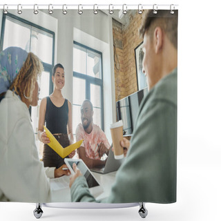 Personality  Cheerful Woman With Tattoo Holding Folder, Sharing Ideas With Diverse Colleagues, Gadgets, Startup Shower Curtains