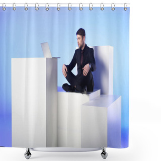 Personality  Businessman With Laptop Sitting On White Block Isolated On White Shower Curtains