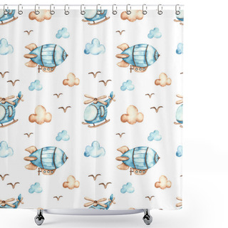 Personality  Airship, Helicopter, Clouds On White Background. Watercolor Seamless Boho Pattern For Boys Shower Curtains