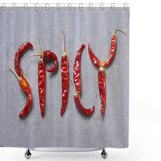 Personality  Top View Of Dried Chili Peppers Arranged In Spicy Lettering On Grey Tabletop Shower Curtains