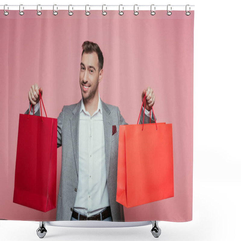 Personality  Happy Positive Man Holding Shopping Bags, Isolated On Pink Shower Curtains