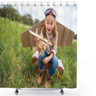 Personality  Emotional Kid In Pilot Costume With Wooden Toy Plane In Hand Sitting On Retro Suitcase In Field Shower Curtains