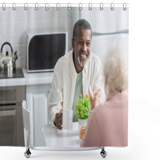 Personality  Positive African American Man Holding Tea Near Blurred Friend In Nursing Home  Shower Curtains