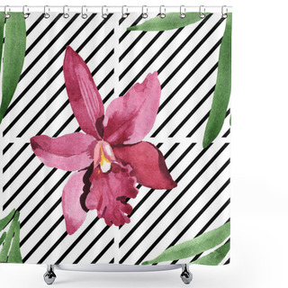 Personality  Marsala Orchid With Green Leaves On White Striped Background. Watercolor Illustration Set. Seamless Background Pattern.  Shower Curtains