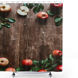 Personality  Flat Lay With Arranged Ripe Apples And Green Leaves On Wooden Tabletop Shower Curtains