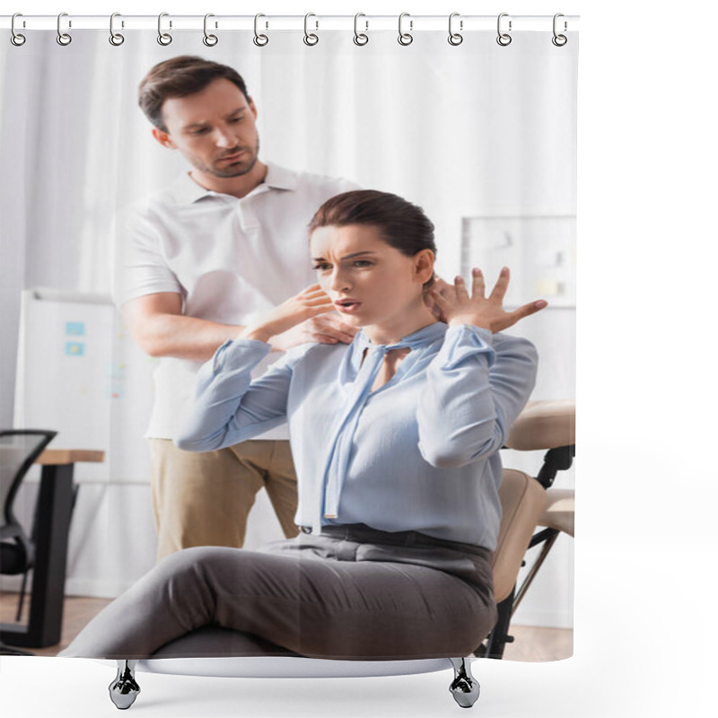 Personality  Masseur Massaging Painful Neck Of Businesswoman Complaining And Gesturing With Blurred Office On Background Shower Curtains